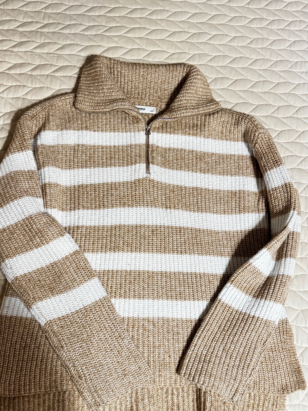 Half-Zip Striped Sweater in Beige and White